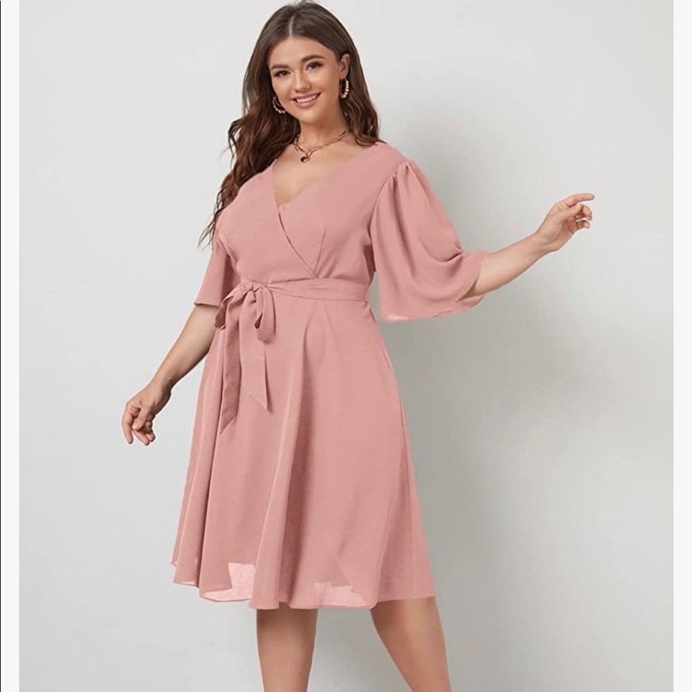 Pink Wrap Belted A Line Swing Midi Dress